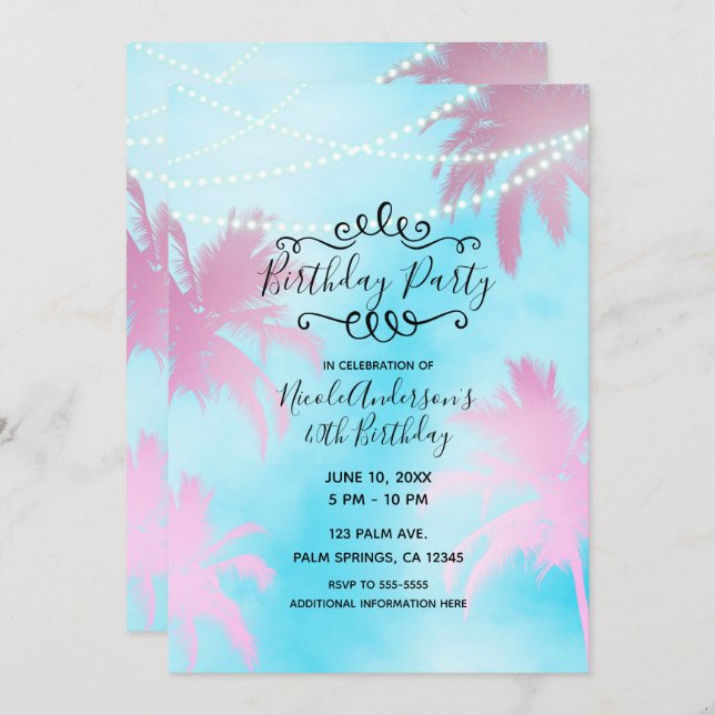 Pink Palm Trees Blue Sky & Lights Birthday Party Invitation (Front/Back)