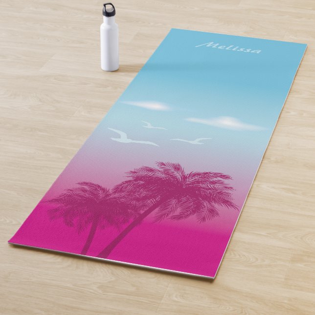 Pink Palm Trees Tropical Summer Scene And Name Yoga Mat (In Situ)