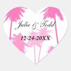 Pink Palm Trees Tropical Wedding Heart Sticker