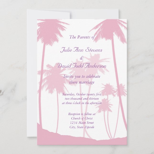 Pink Palm Trees Tropical Wedding Invitation (Front)