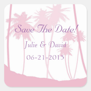 Pink Palm Trees Tropical Wedding Save The Date Square Sticker