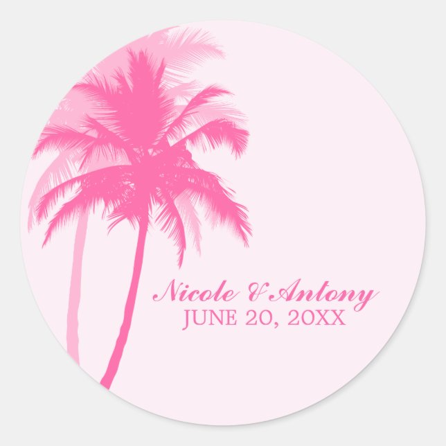 Pink Palm Trees Wedding Classic Round Sticker (Front)