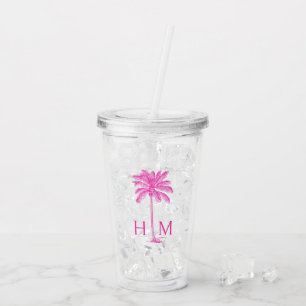 Pink Palmetto Palm Tree Monogram Acrylic Tumbler