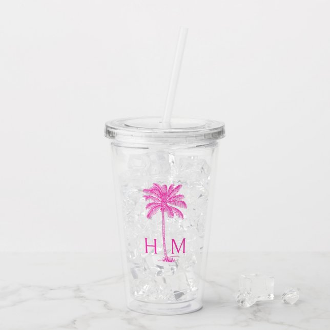 Pink Palmetto Palm Tree Monogram Acrylic Tumbler (Back Ice)