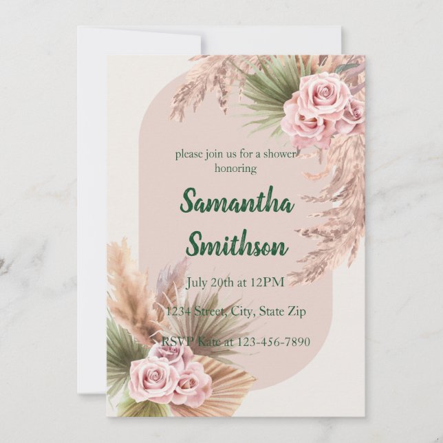 Pink Pampas and Floral Invitation (Front)