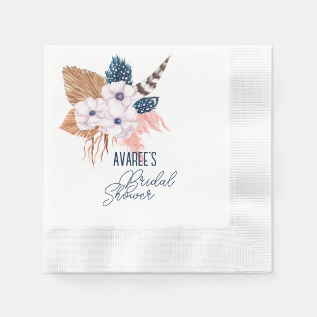 Pink Pampas Grass and Feather Bridal Shower  Napkin (Front)