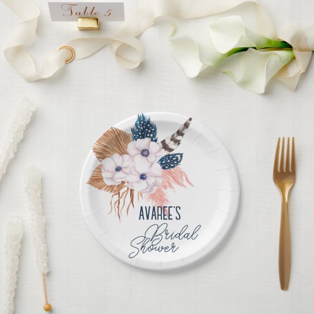 Pink Pampas Grass and Feather Bridal Shower Paper Plate (Wedding)