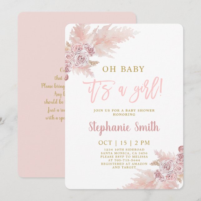 Pink Pampas Grass Baby Shower Girl Invitation (Front/Back)