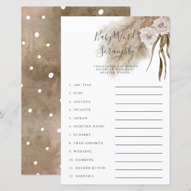 Pink Pampas Grass Baby Word Scramble Game (Front/Back)