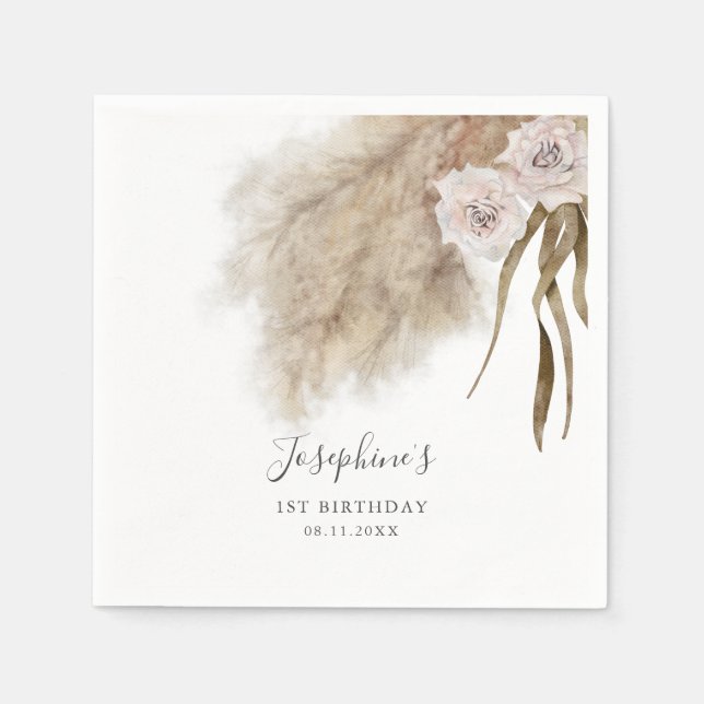 Pink Pampas Grass Birthday Party Napkins (Front)