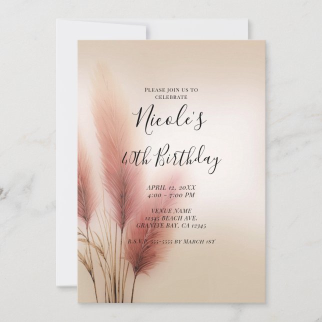 Pink Pampas Grass Bohemian Boho Birthday Party Invitation (Front)