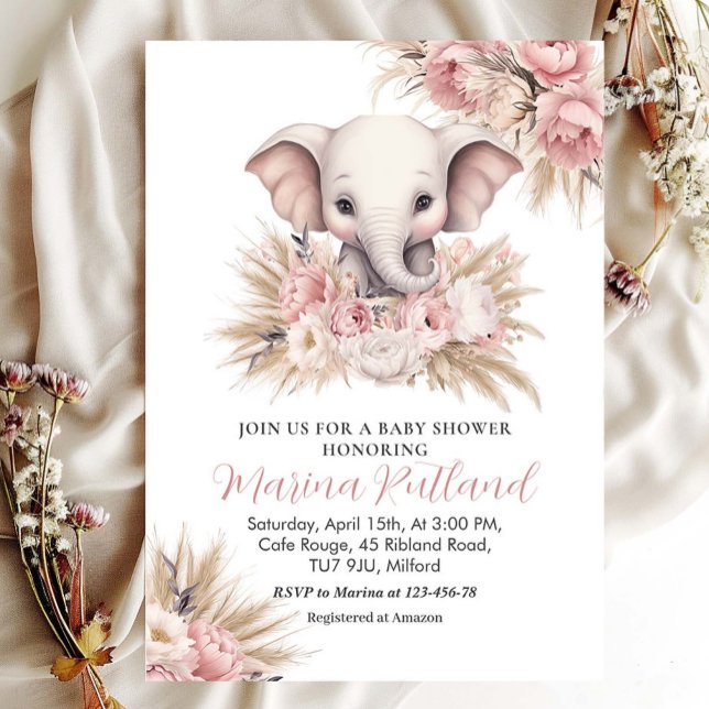Pink Pampas Grass Boho Elephant Girl Baby Shower Invitation (Creator Uploaded)