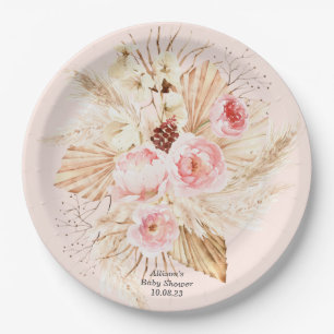 Pink Pampas Grass Boho Floral Baby Girl Shower Paper Plate