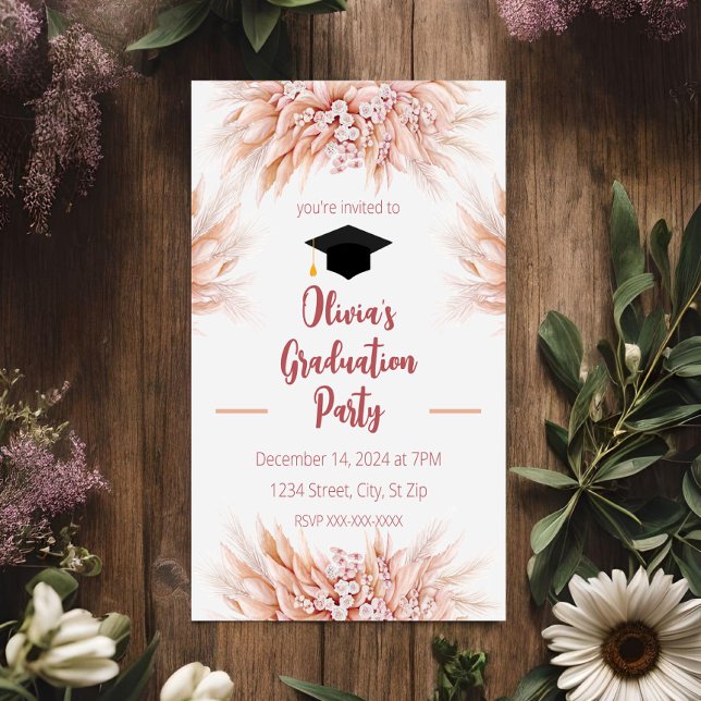 Pink Pampas Grass Boho Graduation Invitation (Creator Uploaded)