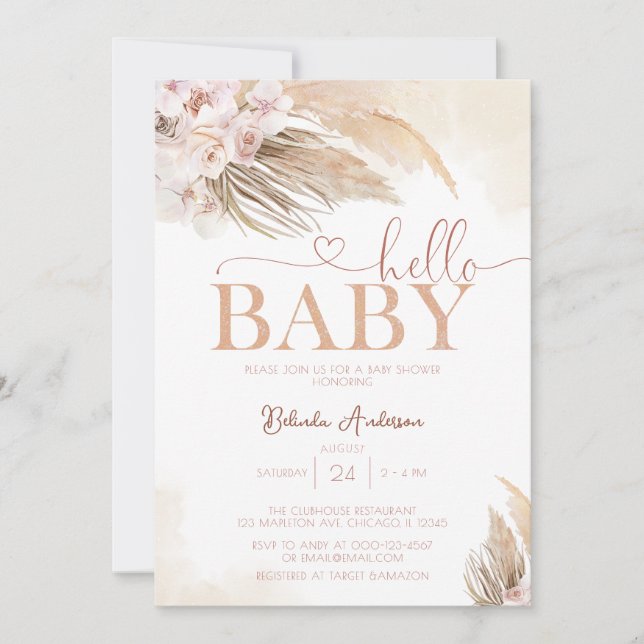 Pink Pampas Grass Boho Hello Baby Girl Baby Shower Invitation (Front)