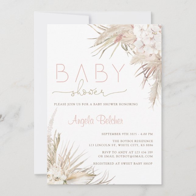 Pink Pampas Grass Boho Hello Baby Shower Invitation (Front)