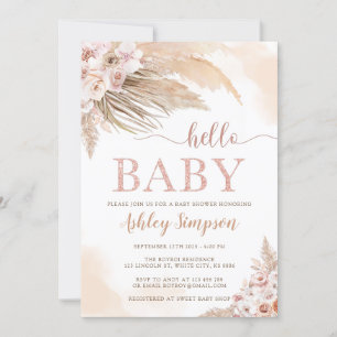Pink Pampas Grass Boho Hello Baby Shower Invitation