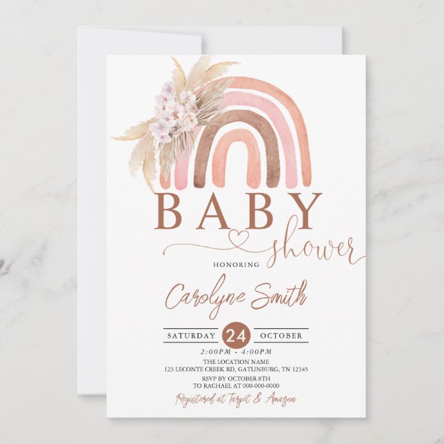 Pink Pampas Grass Boho Rainbow Baby Shower Invitation (Front)