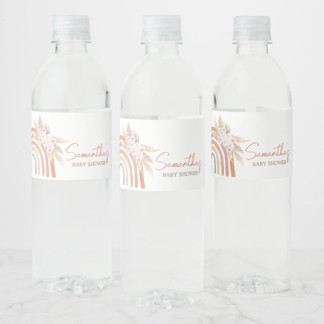 Pink Pampas Grass Boho Rainbow Water Bottle Label (Bottles)