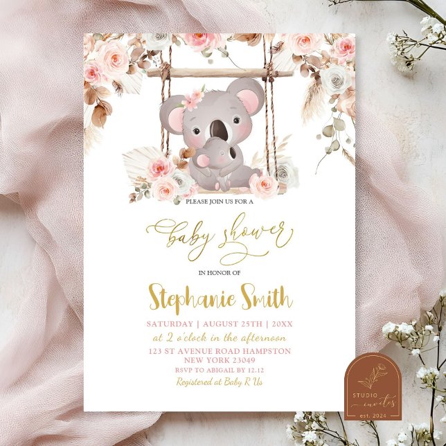 Pink Pampas Grass Flora Koala Australian Baby Girl Invitation (Creator Uploaded)