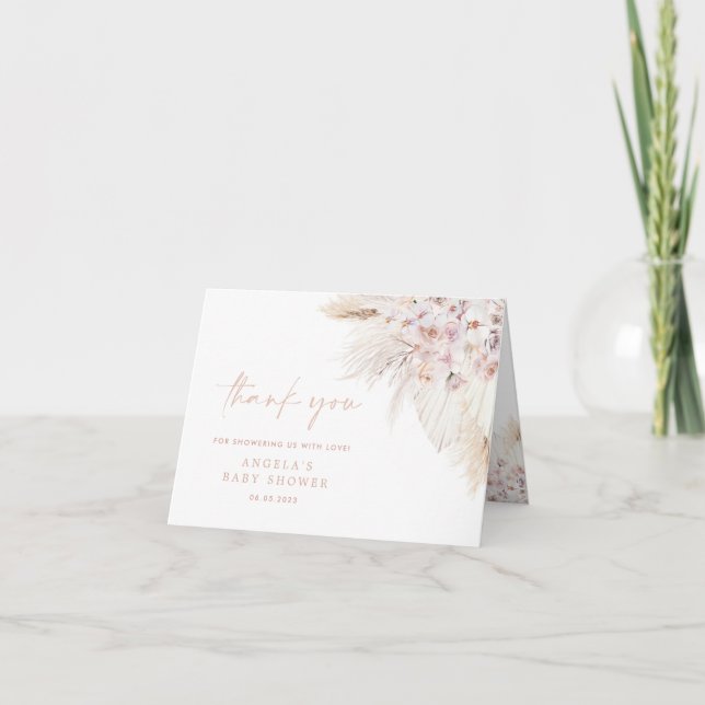 Pink Pampas Grass Girl Baby Shower Thank You Card (Front)