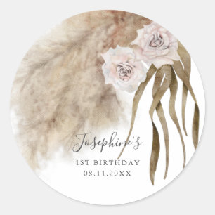Pink Pampas Grass Girl Birthday Party Classic Round Sticker
