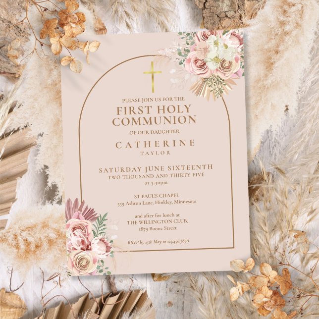 Pink Pampas Grass Gold Arch First Holy Communion  Invitation Postcard (Pink Pampas Grass Gold Arch First Holy Communion Invitation Postcard)