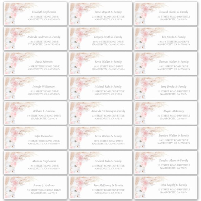 Pink Pampas Grass Guest Names Address Labels (Front)