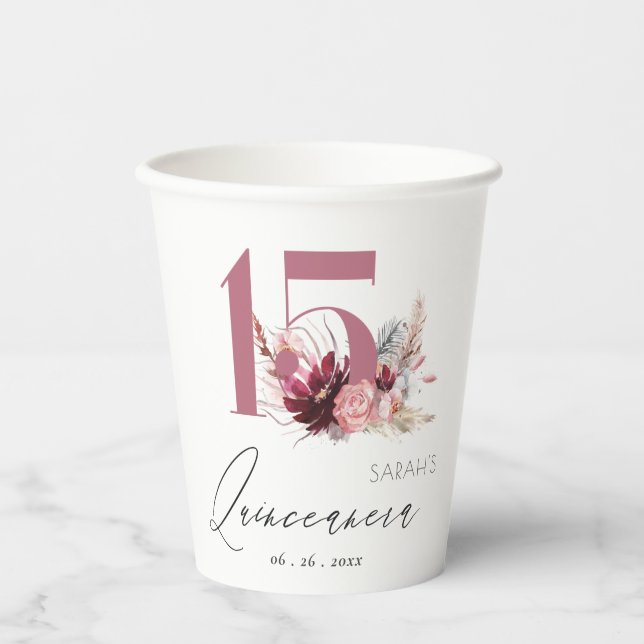 Pink Pampas Grass Quinceanera 15th Birthday Invite Paper Cups (Front)