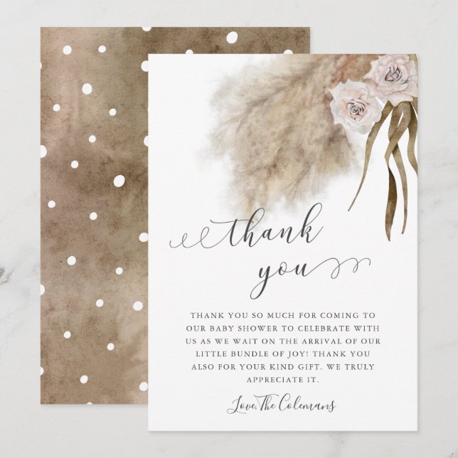 Pink Pampas Grass Watercolor Baby Shower  Thank You Card (Front/Back)