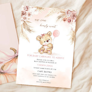 Pink Pampas Teddy Bear Baby Shower Invitation