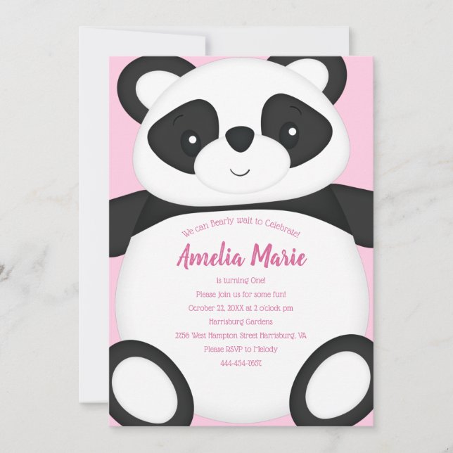 Pink Panda Bear Birthday Party Invitation (Front)
