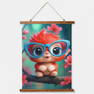 Pink Panda Cartoon On The Branch Hanging Tapestry