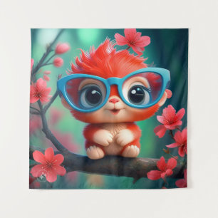 Pink Panda Cartoon On The Branch Tapestry