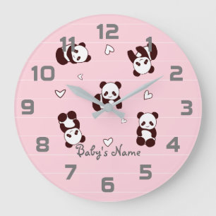 Pink Panda Heart Nursery Decor Wall Clock