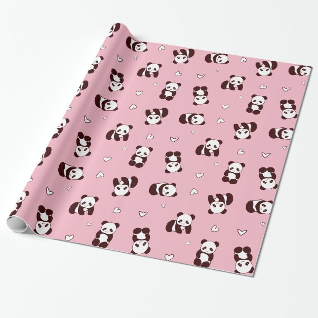 Pink Panda Heart Wrapping Paper (Unrolled)