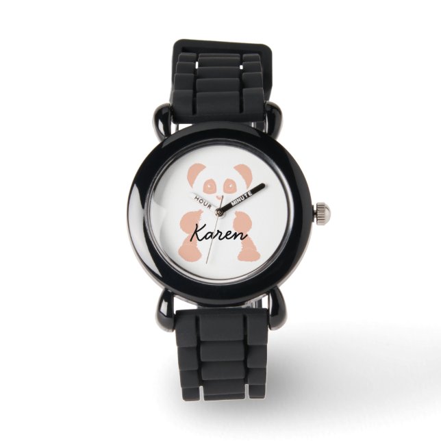 Pink panda minimalist kids watch with name (Front)