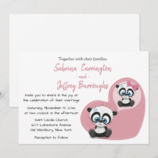Pink Panda Teddy Bears Heart Cartoon Wedding Invitation (Front/Back)