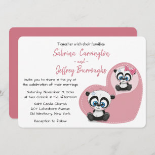 Pink Panda Teddy Bears Heart Cartoon Wedding Invitation