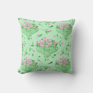 Pink pansies green bowl and background cushion
