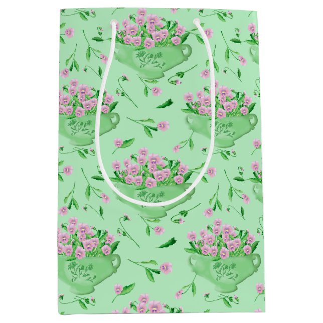 Pink pansies green bowl and background medium gift bag (Front)