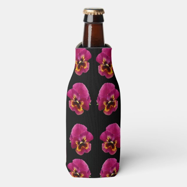 Pink Pansies On Black, Bottle Cooler (Bottle Front)