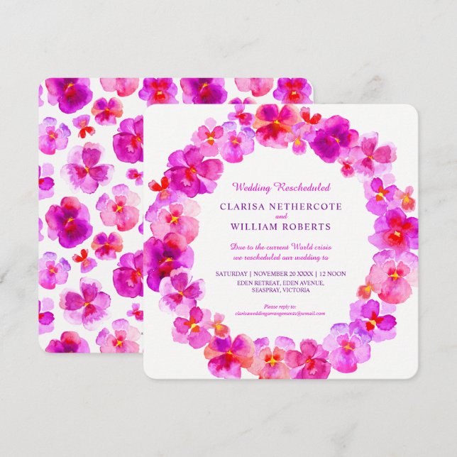 Pink pansies watercolor flower wedding rescheduled invitation (Front/Back)