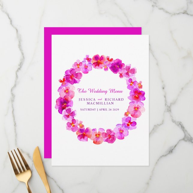 Pink pansy art flower wreath art wedding menu (Front/Back In Situ)