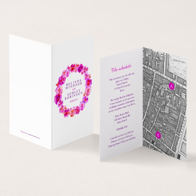 Pink pansy art wedding details schedule map (Inside and Outside)
