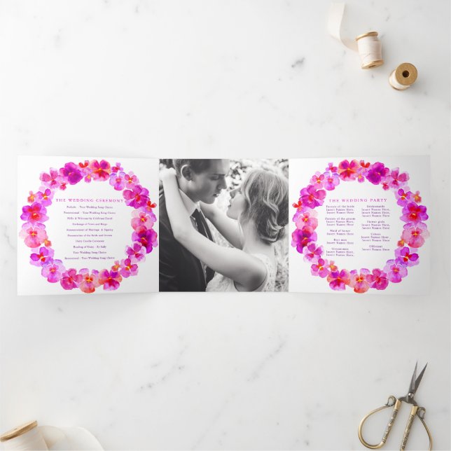 Pink pansy flowers watercolor wedding Tri-Fold programme (Inside)