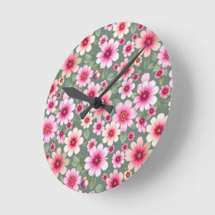 Pink pansy garden flowers vintage round clock