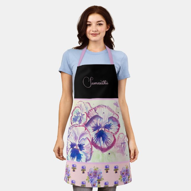 Pink Pansy Pansies Watercolor Flower Floral art Apron (Worn)