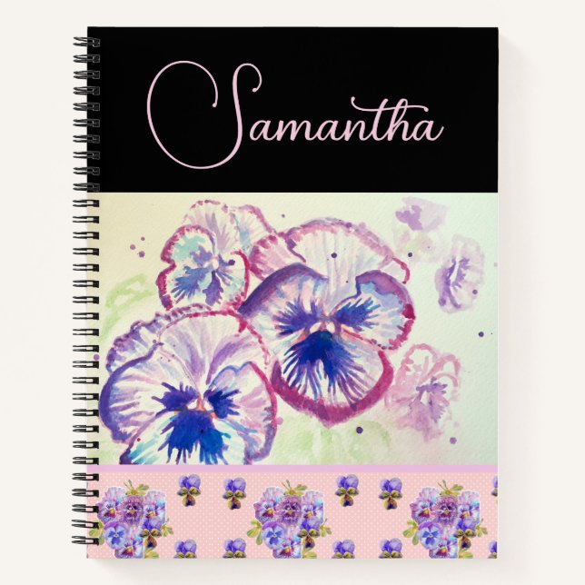 Pink Pansy Pansies Watercolor Flower Floral art Notebook (Front)