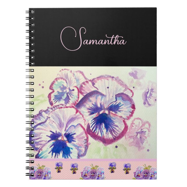 Pink Pansy Pansies Watercolor Flower Floral art Notebook (Front)